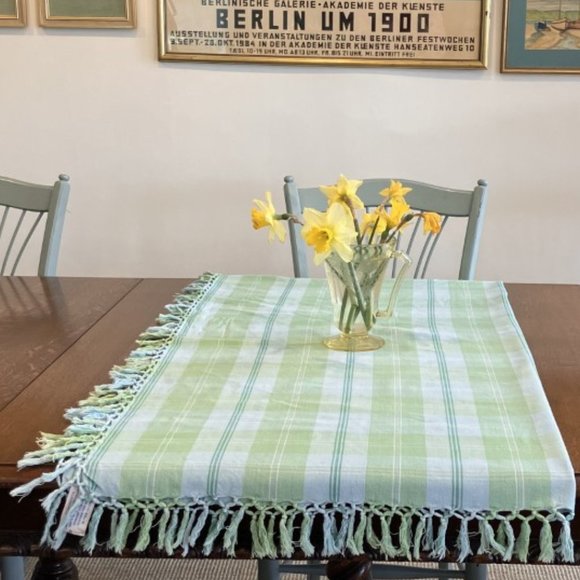 Vintage April Cornell Square Green/Blue Plaid Fringed Tablecloth 48" x 48" - Picture 2 of 7